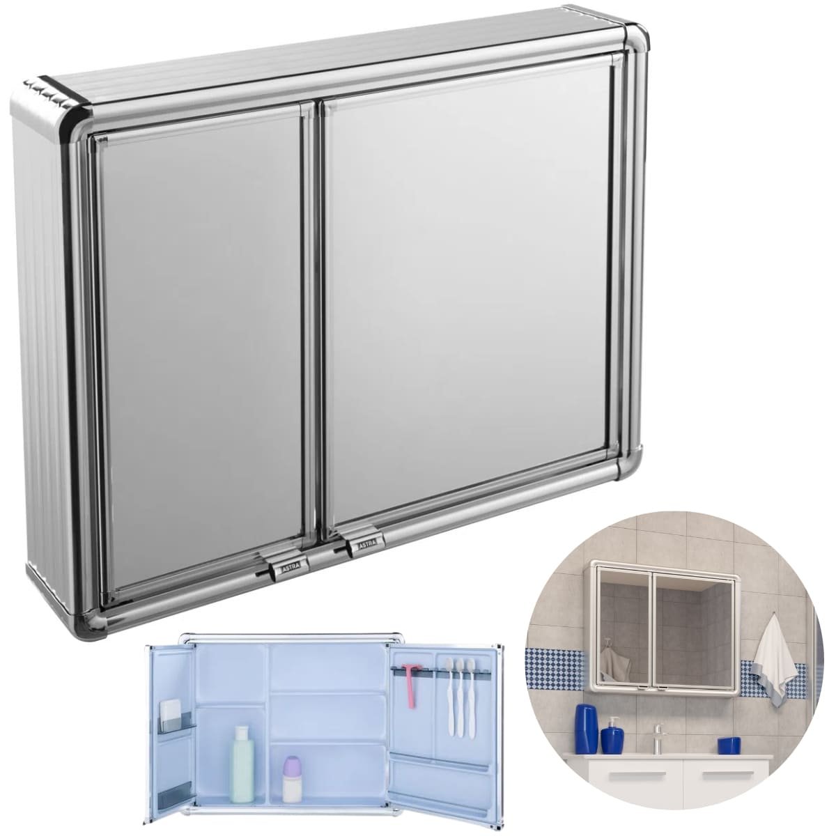 Armário Banheiro Espelheira Sobrepor | Com Perfil de Alumínio | 54x11,3x45cm | 02 Portas | Astra