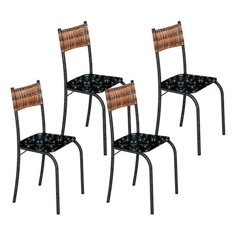 Kit 4 Cadeiras Atlanta Corino Preto Lirio e Rattan Carvalho Tubo Martelado