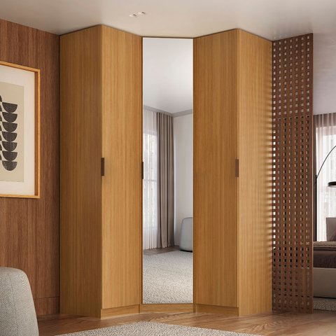 Guarda Roupa de Canto Obliquo Espelho 3 Portas Mdf Altezza Clean Belmax:freijó