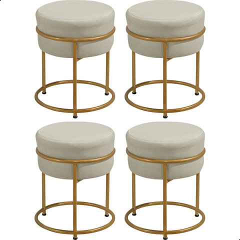 Kit 4 Puff Redondo Argola Levi Veludo Gelo Base em Aço Dourado - Arkell