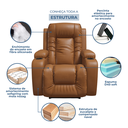 Ver imagem 6 de Poltrona Papai Reclinável Massagem Aquecimento Corino Caramelo Premium Manual Fixa