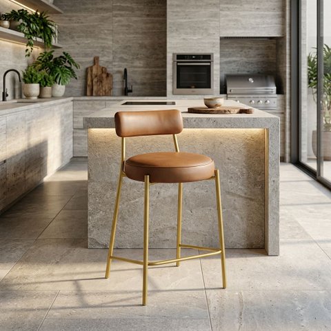 Banqueta Cozinha Média com Encosto Industrial Dourado Londres PU D03 - D'Rossi