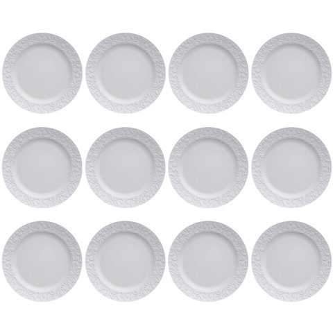 Jogo 12 Pratos Rasos Redondos 26,5cm em Porcelana com Relevo Tassel Germer Branco