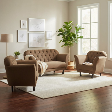 Kit Namoradeira + 2 Poltronas Decorativa Dália Linho Marrom Pés Madeira