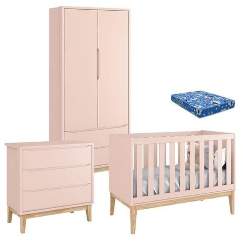 Quarto de Bebê Classic 2 Portas com Colchão e Cômoda Gaveteiro Rosa Pés Madeira Natural – Reller