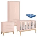 Ver imagem 1 de Quarto de Bebê Classic 2 Portas com Colchão e Cômoda Gaveteiro Rosa Pés Madeira Natural – Reller