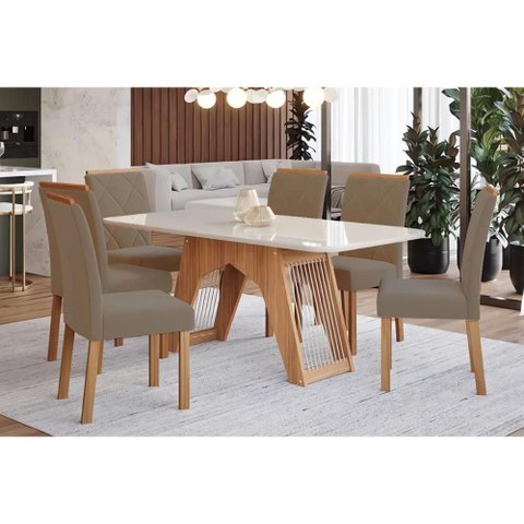 Conjunto: Mesa Sala Jantar Carol Tampo Madeirado C/ Vidro 180x90cm e 6 Cadeiras Fernanda Madeirado/