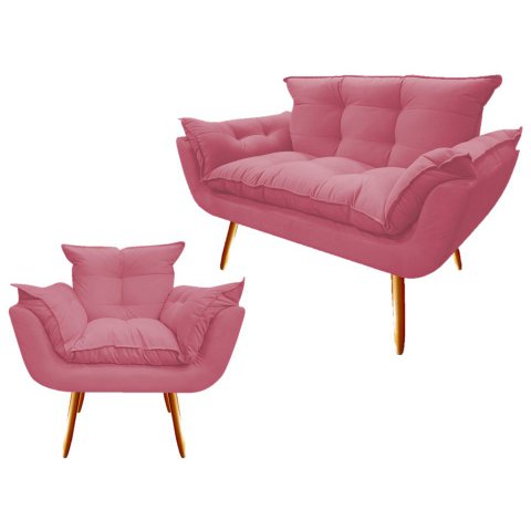 Kit Namoradeira + Poltrona Decorativa Opala Suede Rosa Pés Madeira Mz Decor