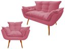 Ver imagem 1 de Kit Namoradeira + Poltrona Decorativa Opala Suede Rosa Pés Madeira Mz Decor