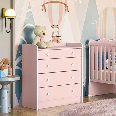 Cômoda com Trocador Infantil 4 Gavetas Doce Mel Rosa