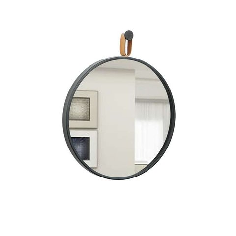 Espelho Decorativo Short Strip Preto Alça Corino Caramelo 50cm Redondo Preto/Caramelo, 50 cm