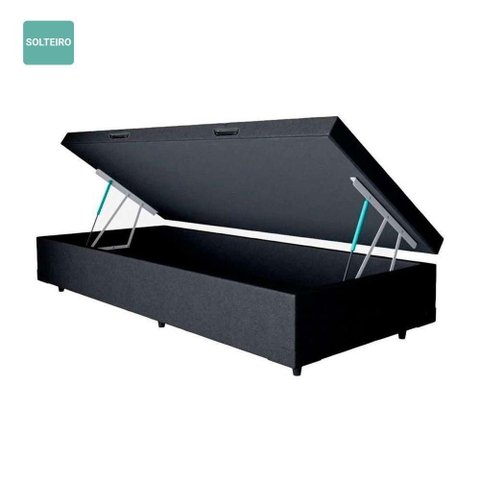 Cama Box com Baú Solteiro 88x188 Estrutura em Madeira Abertura Pneumática Preto Colchão Dos