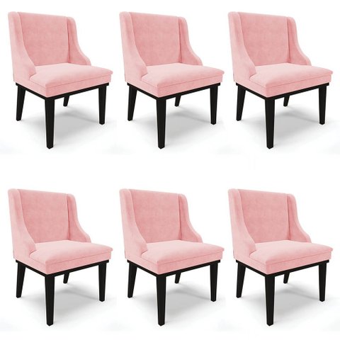 Kit 6 Cadeiras Estofadas para Sala de Jantar Base Fixa de Madeira Preto Lia Suede Rosa bebê - Ibiza