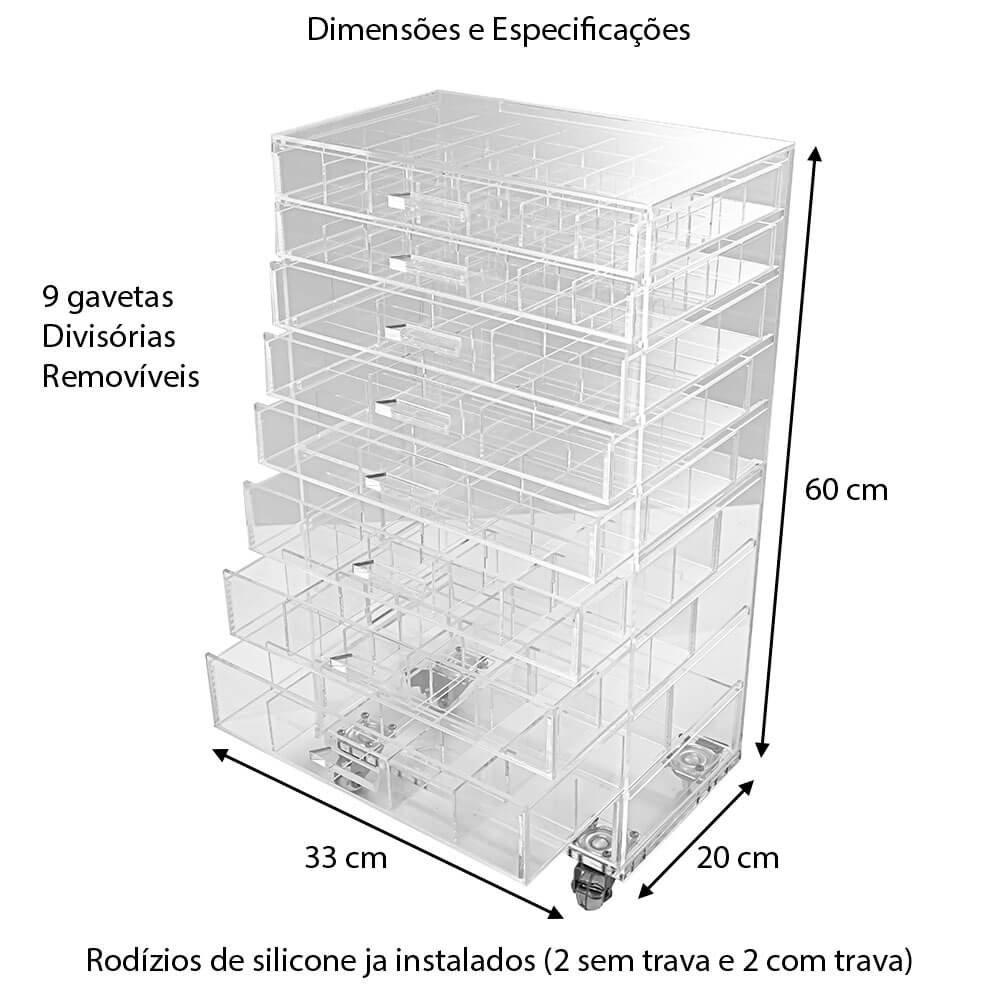 Carrinho Acrílico para Acessórios e Bijuterias 9 Gavetas N3 Centauri Acrílicos CAR-AC-N3 - 6