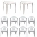 Ver imagem 1 de Jogo 2 Mesas e 8 Cadeiras Plástica Poltrona Branca Aluguel Festa Eventos