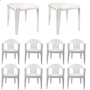 Jogo 2 Mesas e 8 Cadeiras Plástica Poltrona Branca Aluguel Festa Eventos