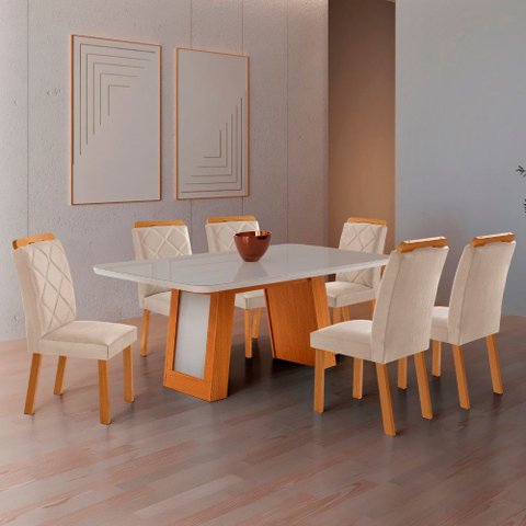 Mesa de Jantar Carolina Tampo 180cm MDF com Vidro Canto Copo e 6 Cadeiras Melissa