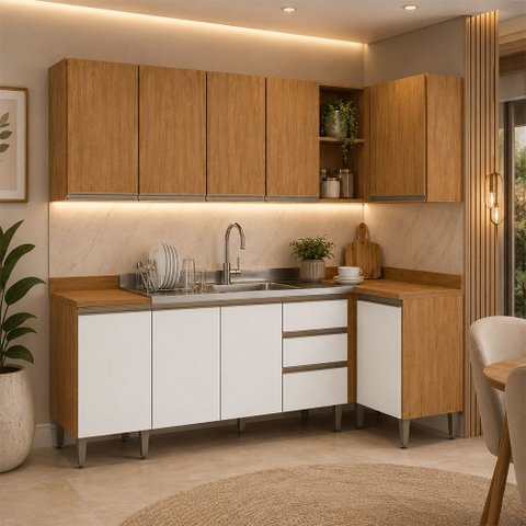 Cozinha de Canto Compacta Paris 6 Peças com Balcão 120cm Freijó/Branco