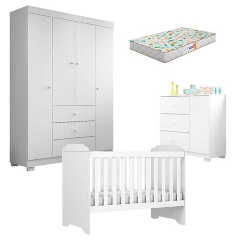 Quarto de Bebê Duda 4 Portas e Berço Americano Mini Cama Mel Branco Brilho com Colchão Gazin