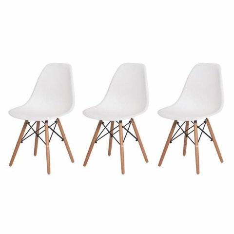 Kit 3 Cadeiras de Jantar Charles Eiffel Eames Branco Base Madeira