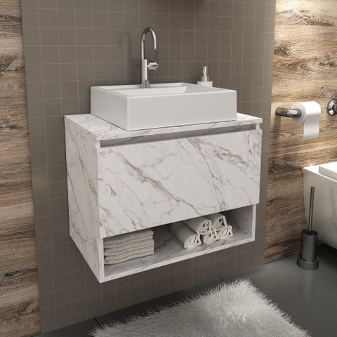 Balcão Armário Suspenso 60cm Gabinete sem Cuba 1 Porta 1 Nicho para Banheiro Cor Branco Mármore