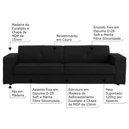 Sofá 2 Lugares Sala de Estar Pés Madeira Laus 1,58M Couro Preto - Gran Belo - 2
