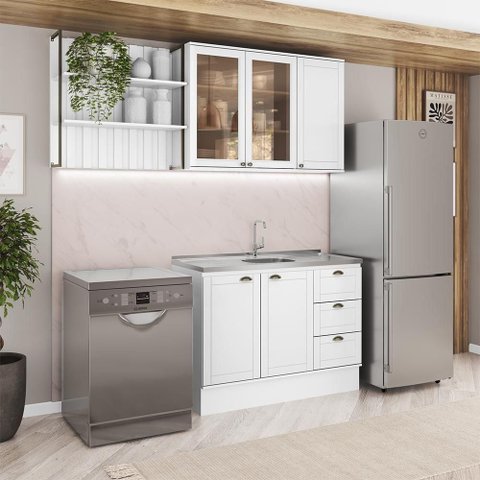 Cozinha Completa Milla 5 Portas 3 Gavetas MDF 200cm Branco com Pés Móveis Carraro