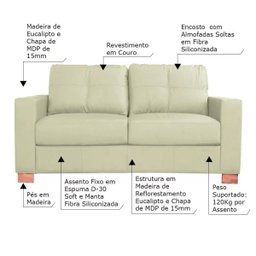 Sofá 2 Lugares Sala de Estar Pés Madeira Kenny 1,60m Couro Off White - Gran Belo - 2