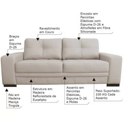 Sofá 3 Lugares Sala de Estar Milano 2,10M Couro Off White - Gran Belo - 2