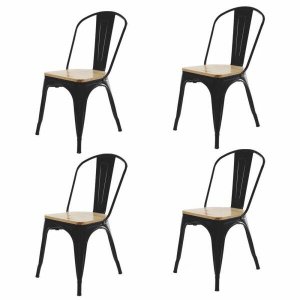 Kit 4 Cadeiras Tolix Iron Industrial Preta Assento de Madeira