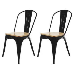 Kit 2 Cadeiras Tolix Iron Industrial Preta Assento de Madeira
