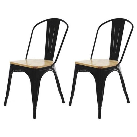 Kit 2 Cadeiras Tolix Iron Industrial Preta Assento de Madeira