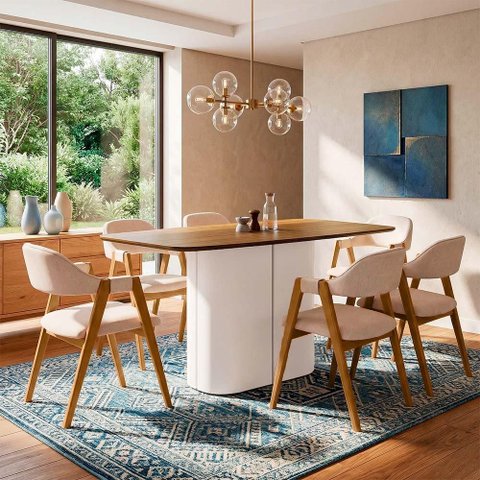 Mesa Retangular Verbena 160cm Ypê Off White N01 com 6 Cadeiras Nadja Linho Cru - Lyam Decor