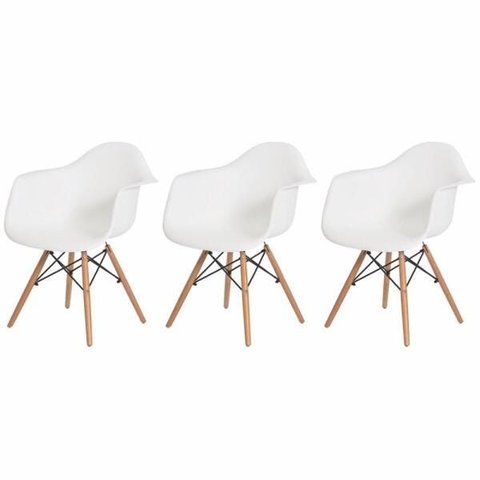Kit 3 Cadeiras Charles Eames Eiffel com Braço Branca Base Madeira