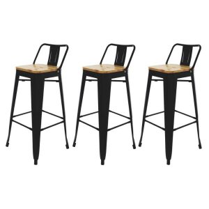 Kit 3 Banquetas Tolix Iron Industrial Preta Assento Madeira