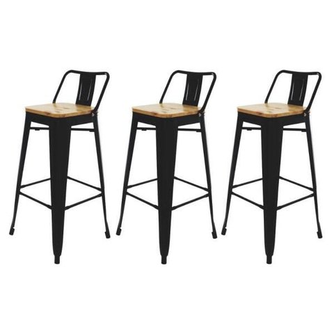 Kit 3 Banquetas Tolix Iron Industrial Preta Assento Madeira