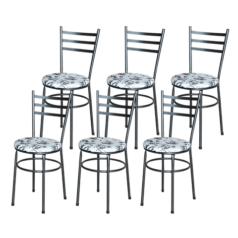 6 Cadeiras Epoxi Preta Craqueada para Cozinha Assento Floral:floral Branco