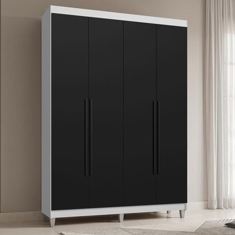 Guarda-Roupa Solteiro com Pés 4 Portas Batentes Branco/Preto/Preto Saturno Madesa