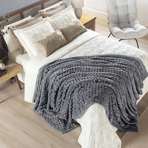 Coordenado Cobre Leito e Cobertor Tok Max Queen Ultrasoft Alto Relevo Dupla Face - Cinza