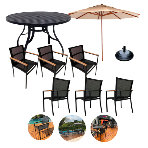 Kit Mesa Jantar 1,40m Aluminio 6 Cadeiras Jardim Piscina Guarda Sol
