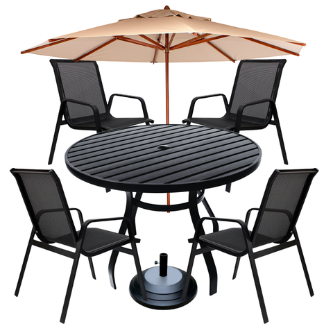 Conjunto de Mesa Ø120cm Alumínio Piscina Jardim + Guarda Sol
