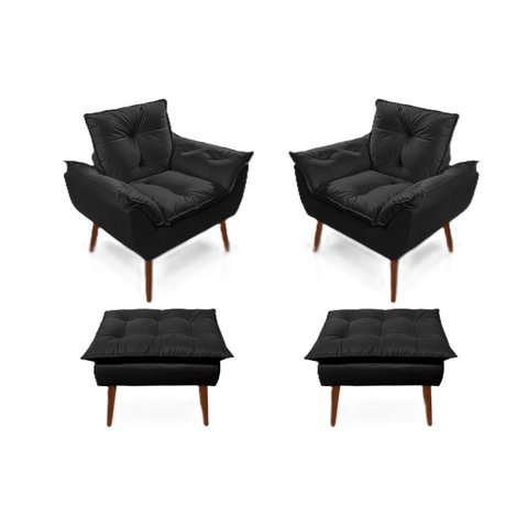 2 Poltronas Preto Opala com 2 Puff Decorativa Confortável para Sala Quarto Recepção Suede Luxo