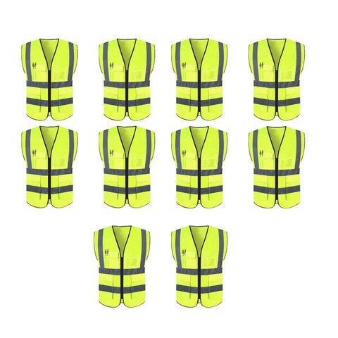 Colete Sinalizador Kit 10 Unidades Faixa Refletivo Trabalho EPI Blusao Obra Bolsos Ziper Segurança F