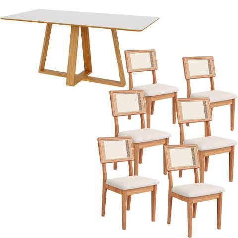 Mesa Jantar 180cm Retangular com 6 Cadeiras Dalla Costa Mdf Cor:off White com Freijó e Cesare Claro