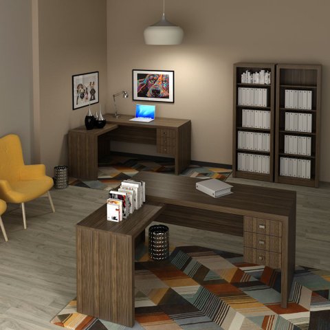 Conjunto de Escritório com Escrivaninha 04 pç CJ43018-003 Tecno Móbili - Tecno Móbili Nogal