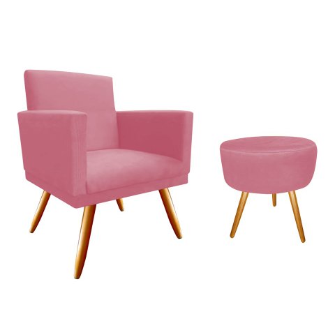 Kit Poltrona Decorativa Bia + Puff Redondo Suede Rosa Pés Madeira Mz Decor