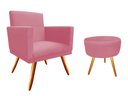 Ver imagem 1 de Kit Poltrona Decorativa Bia + Puff Redondo Suede Rosa Pés Madeira Mz Decor