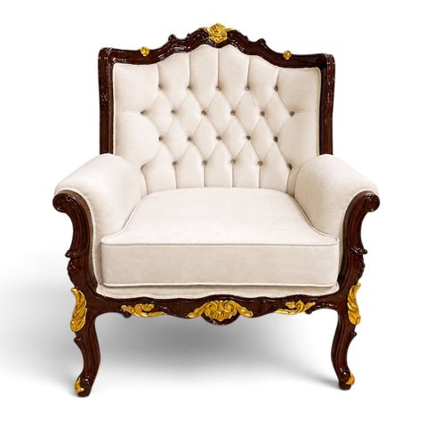 Poltrona Clássica Branco com Detalhes em Marrom e Dourado a: 108cm L: 92cm P: 62cm
