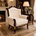 Ver imagem 2 de Poltrona Clássica Branco com Detalhes em Marrom e Dourado a: 108cm L: 92cm P: 62cm