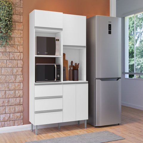 Armário de Cozinha Compacta 120cm 4 Portas 3 Gavetas Modulada Lívia MDP Branco Completa